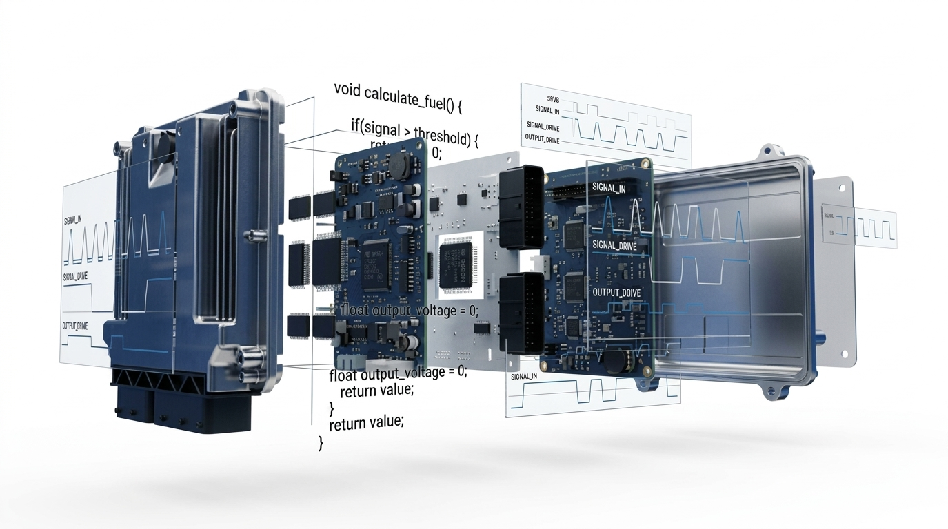 Ultra-high resolution 8k rendering of an automotive ECU exploded view with sharp technical text and signal waveforms.